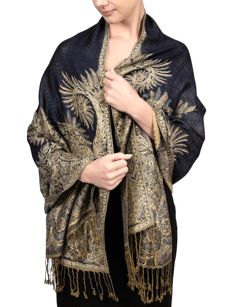 Achillea Soft Silky Reversible Paisley Pashmina Shawl Wrap Scarf w/Fringes (Big Paisley Navy) - Image 2